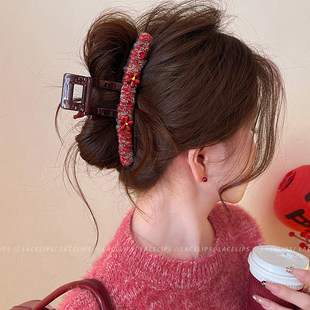 红色花朵蝴蝶结抓夹女新年氛围鲨鱼夹2025新款高级感盘发夹发饰冬