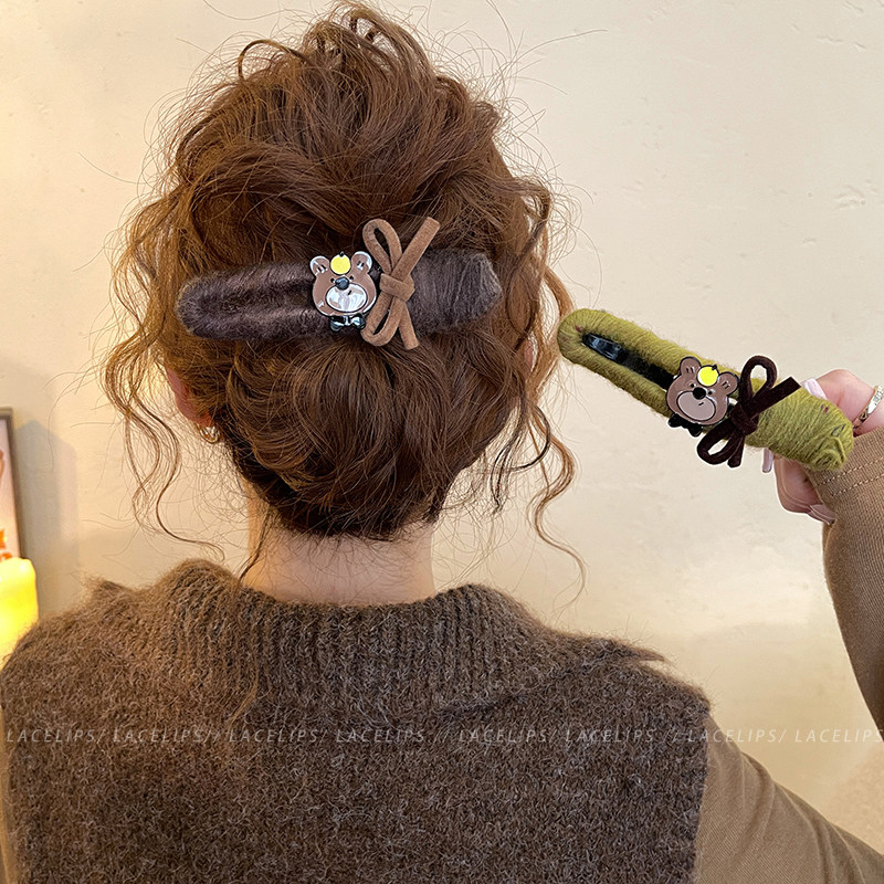 小熊蝴蝶结毛线鸭嘴夹发夹女
