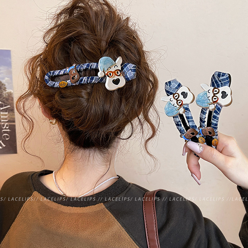 可爱小狗格纹鸭嘴夹发夹女