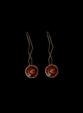 vintage古着Antique enamel red flower disc复古耳饰