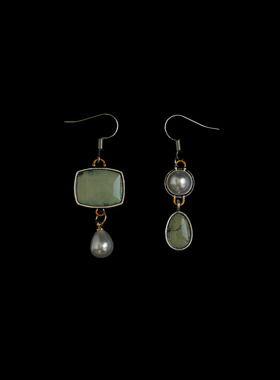 古着vintage复古Ancient silver green gemstone pearl耳饰