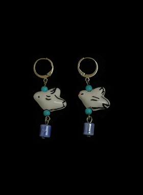 Vintage古着Bler and white porcelain bird ancient silver耳环