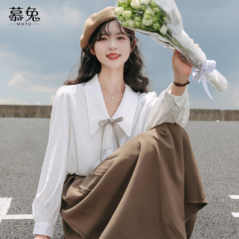 慕兔日系甜美宽松白色衬衫女秋季2025新款设计感小众翻领长袖上衣,女装/女士精品,衬衫,淘宝优惠券,粉丝福利购,淘宝优惠卷