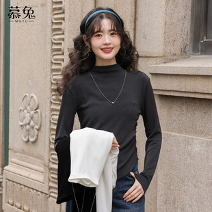 慕兔韩系灰色不规则掐腰长袖t恤女2025冬季新款别致显瘦打底上衣