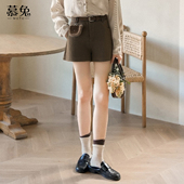 慕兔复古咖色毛呢短裤 小个子阔腿裤 女2025冬新款 高腰显瘦a字靴裤