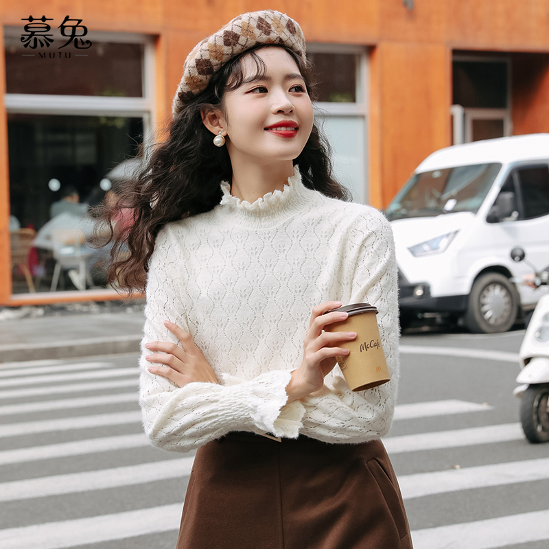 加绒加厚半高领内搭蕾丝衫女