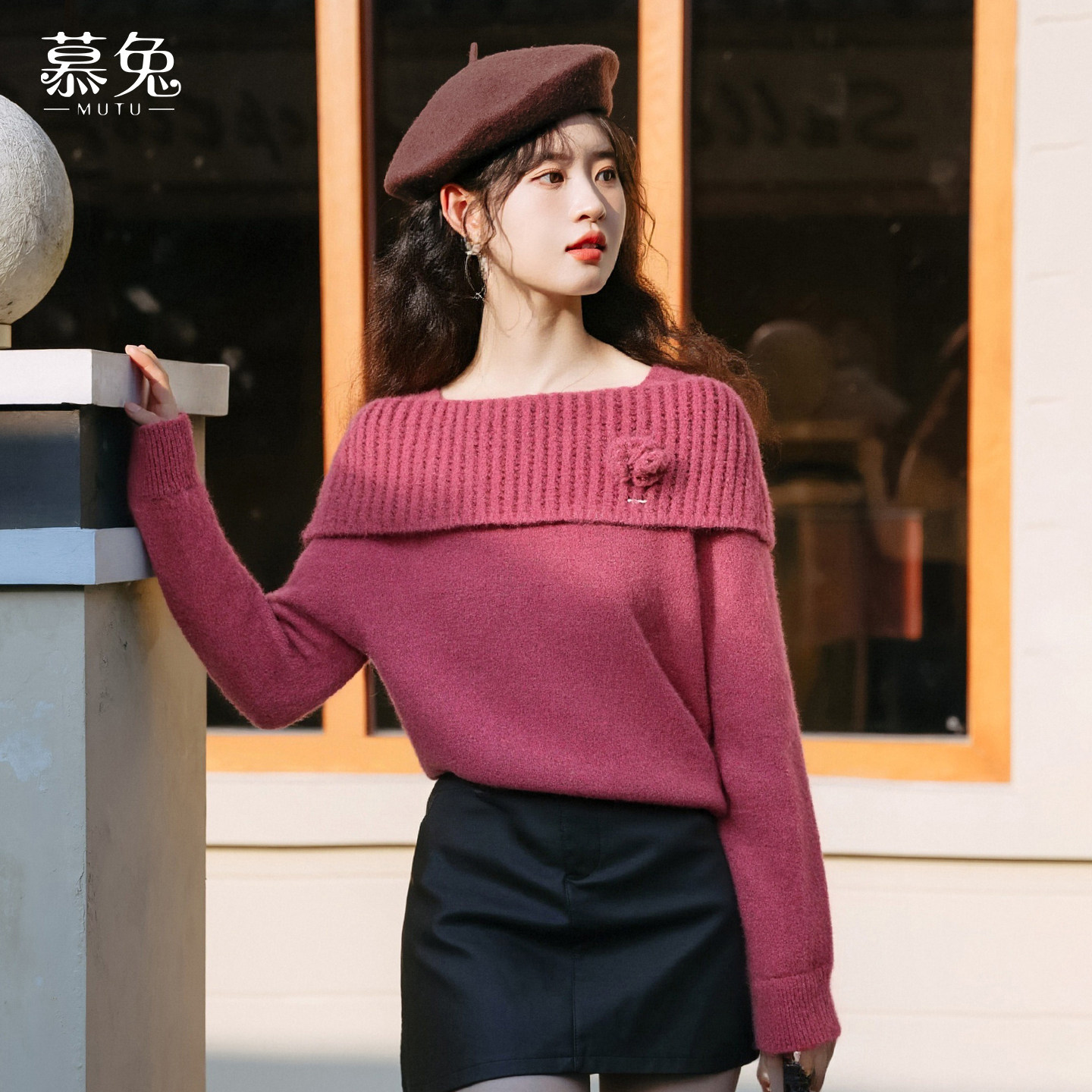 慕兔法式方领立体花朵上衣女2025冬季新款别致漂亮内搭长袖针织衫,女装/女士精品,毛针织衫,淘宝优惠券,粉丝福利购,淘宝优惠卷