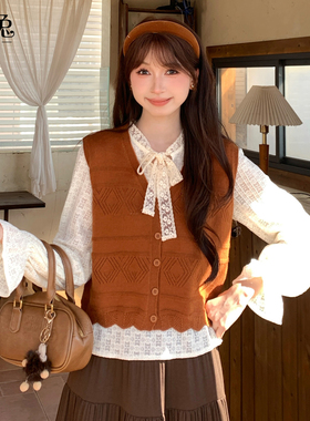 慕兔蕾丝蝴蝶结花边喇叭袖衬衫搭配针织马甲两件套女2025秋季新款