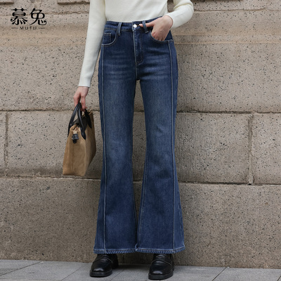 慕兔小个子复古加绒牛仔微喇裤