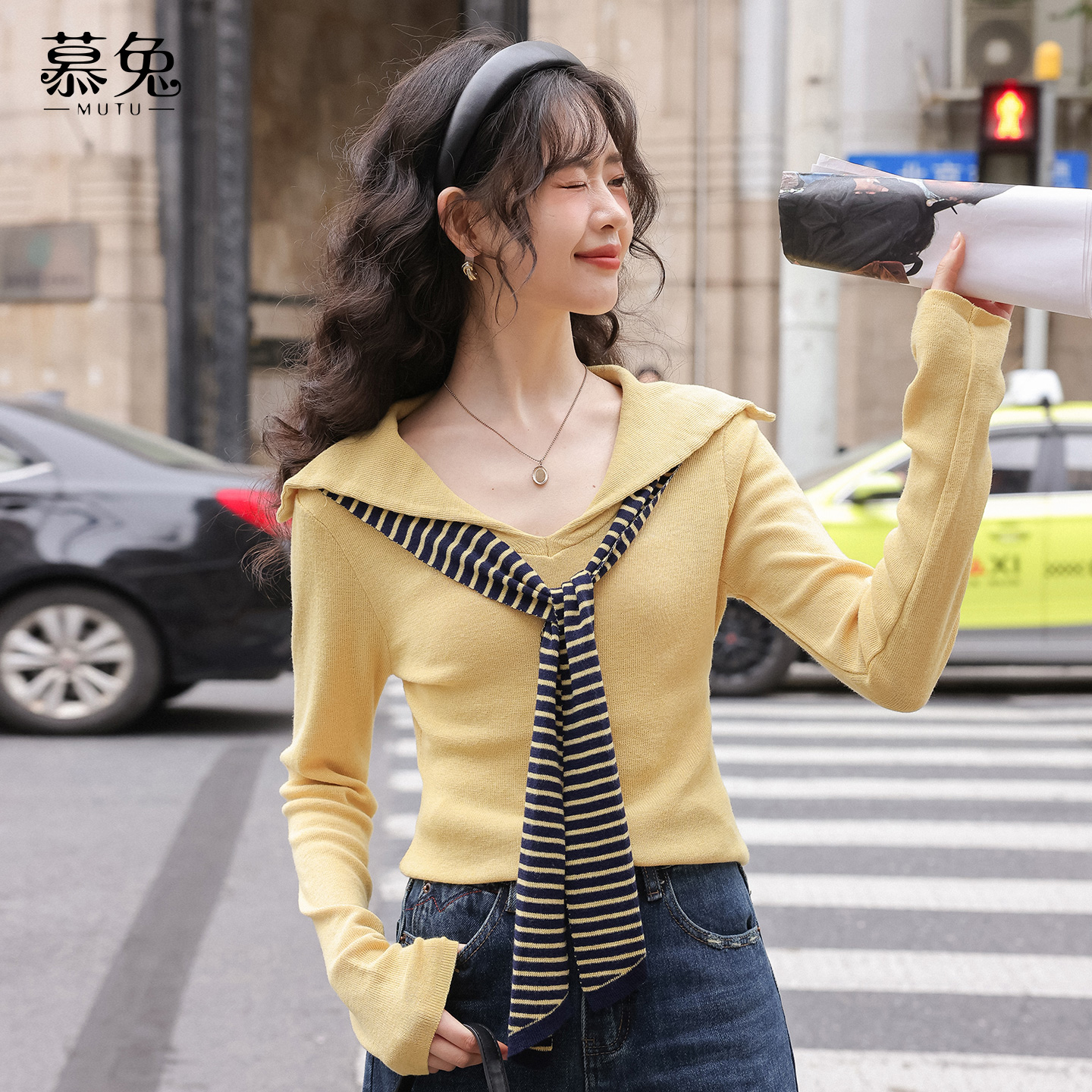 慕兔甜美海军领假两件针织衫