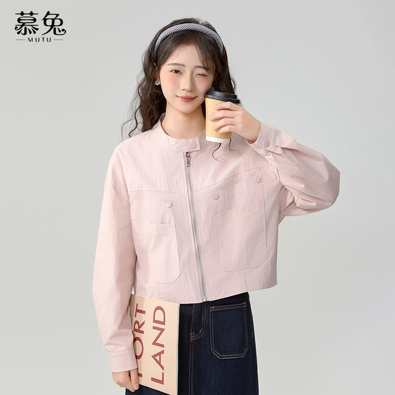 慕兔小个子粉色运动工装夹克女2026春季新款休闲长袖短款夹克上衣,女装/女士精品,短外套,淘宝优惠券,粉丝福利购,淘宝优惠卷
