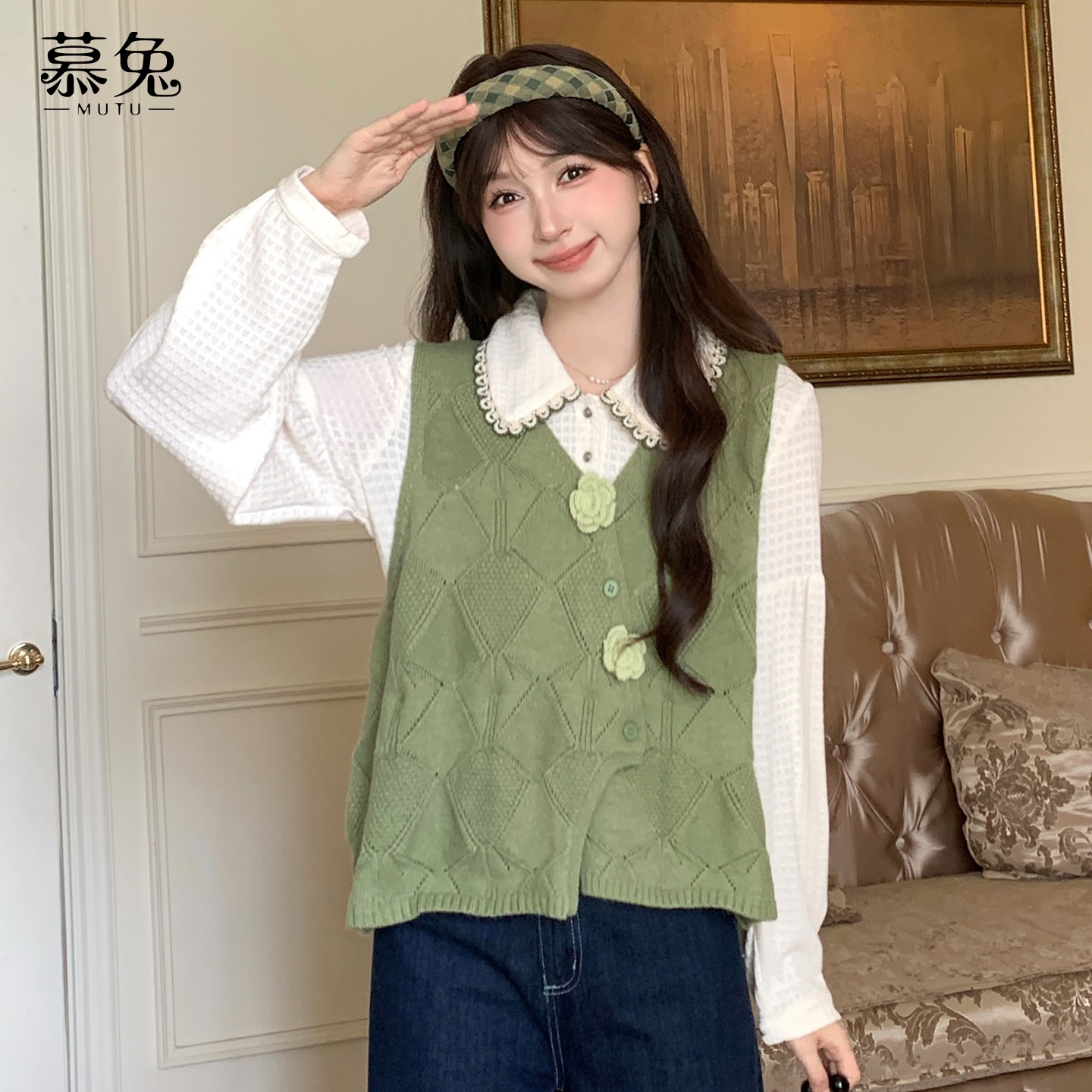慕兔法式长袖衬衫针织马甲套装
