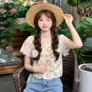 钩花镂空针织开衫 V领小个子短袖 女2025夏季 薄款 上衣 新款 慕兔法式