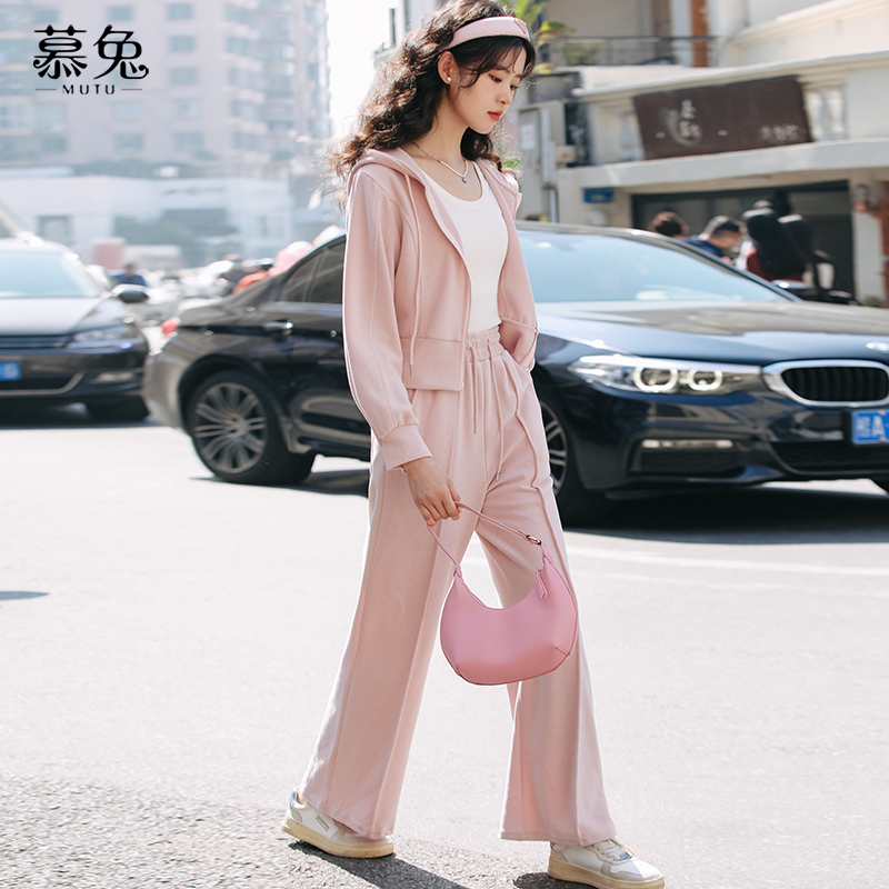 慕兔连帽外套高腰阔腿裤套装