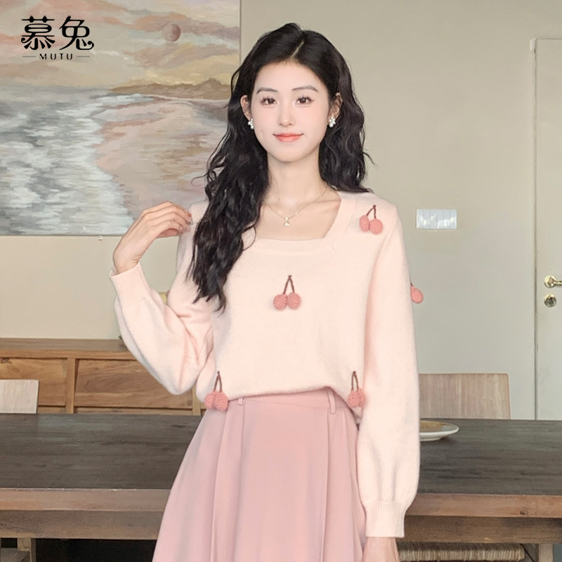 慕兔甜美立体樱桃方领针织衫