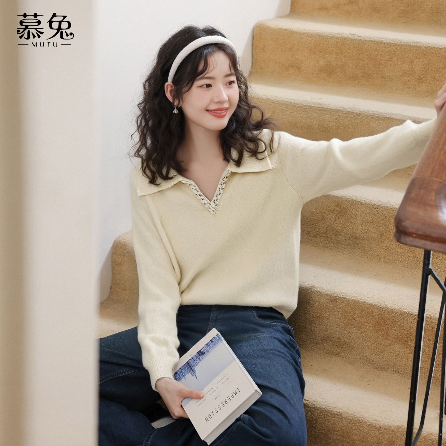 慕兔法式气质插肩袖v领毛衣