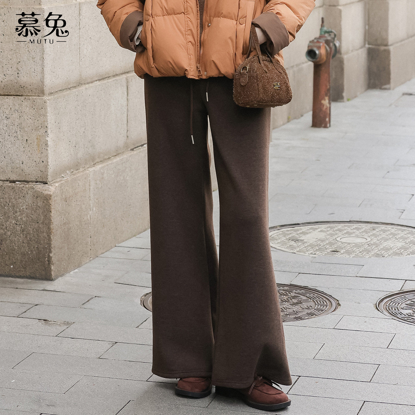 慕兔韩系灰色直筒加绒休闲裤