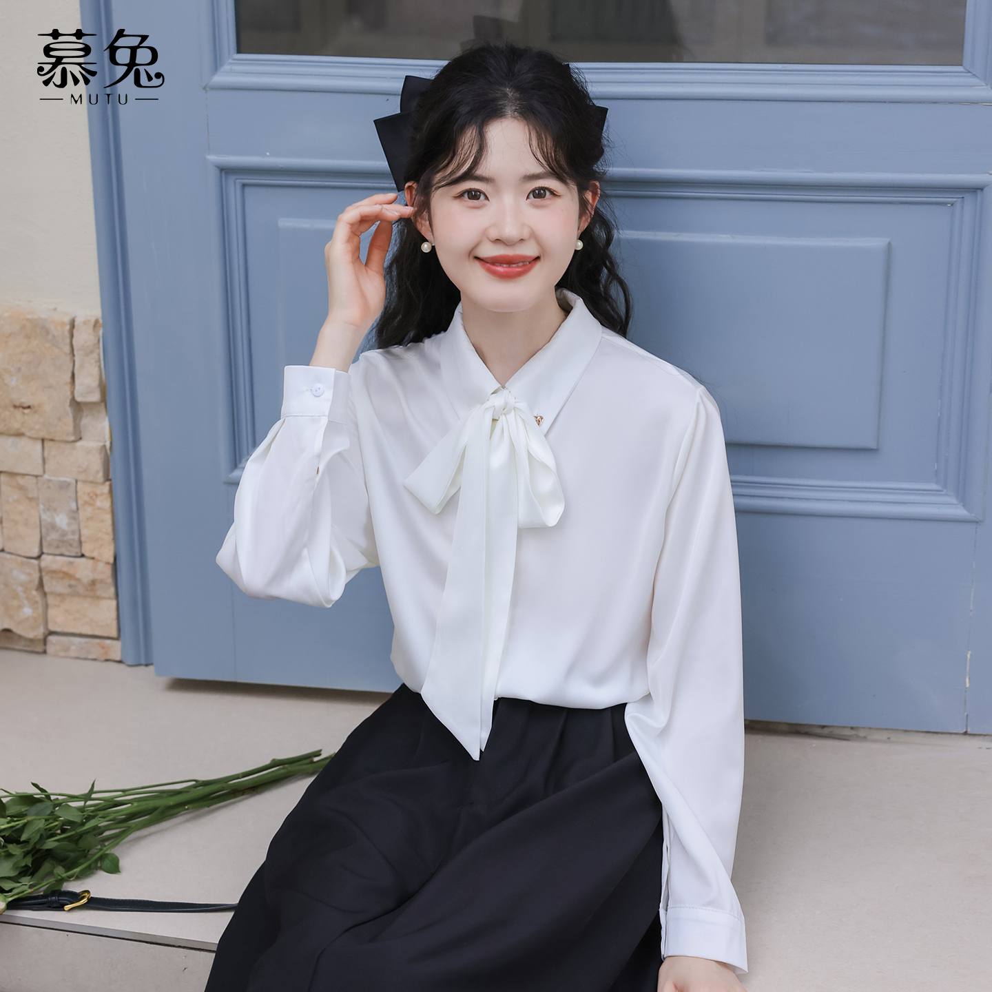 慕兔法式气质蝴蝶结系带长袖衬衫