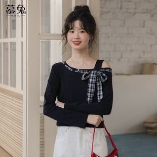 慕兔韩系格子蝴蝶结长袖 设计感小众收腰露肩上衣 t恤女2025秋新款