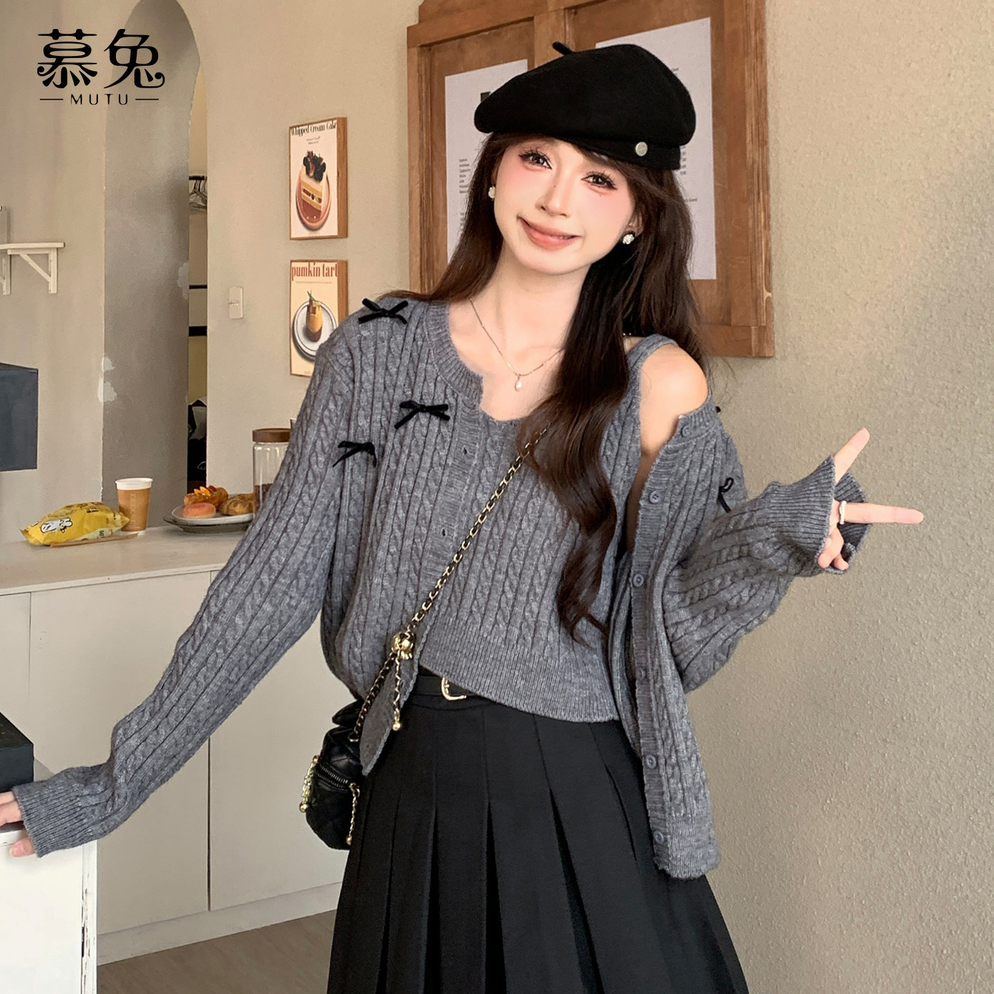 慕兔韩系慵懒蝴蝶结毛衣开衫女2025秋新款针织吊带背心上衣两件套,女装/女士精品,毛针织衫,淘宝优惠券,粉丝福利购,淘宝优惠卷