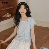 t恤女2025夏新款 慕兔法式 圆领抽绳短袖 不规则设计感小众宽松上衣