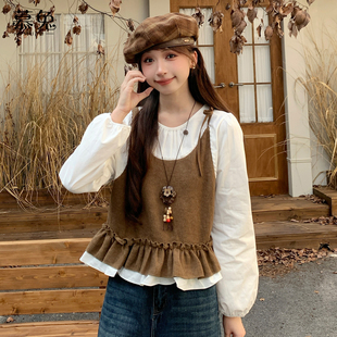 娃娃衫 慕兔法式 复古拼接假两件上衣女2025秋新别致设计感小众长袖