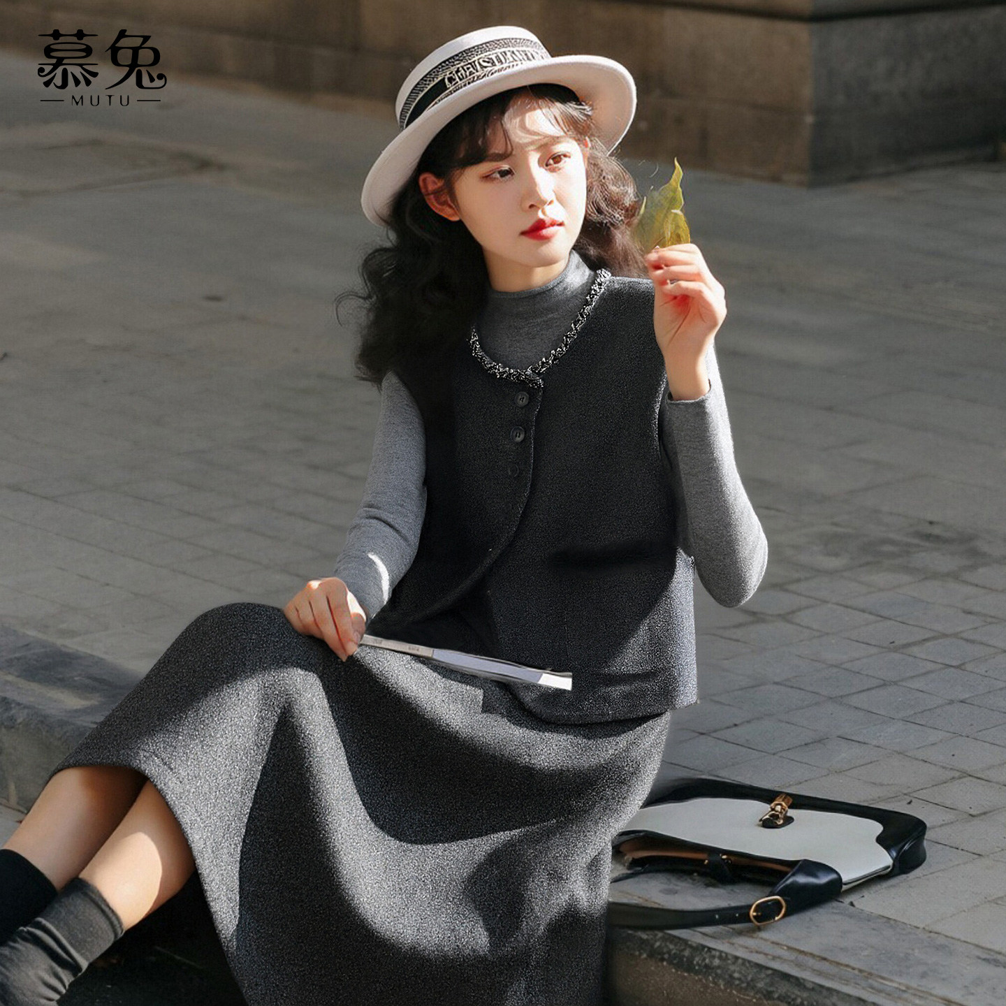 慕兔马甲背心长袖t恤半身裙套装