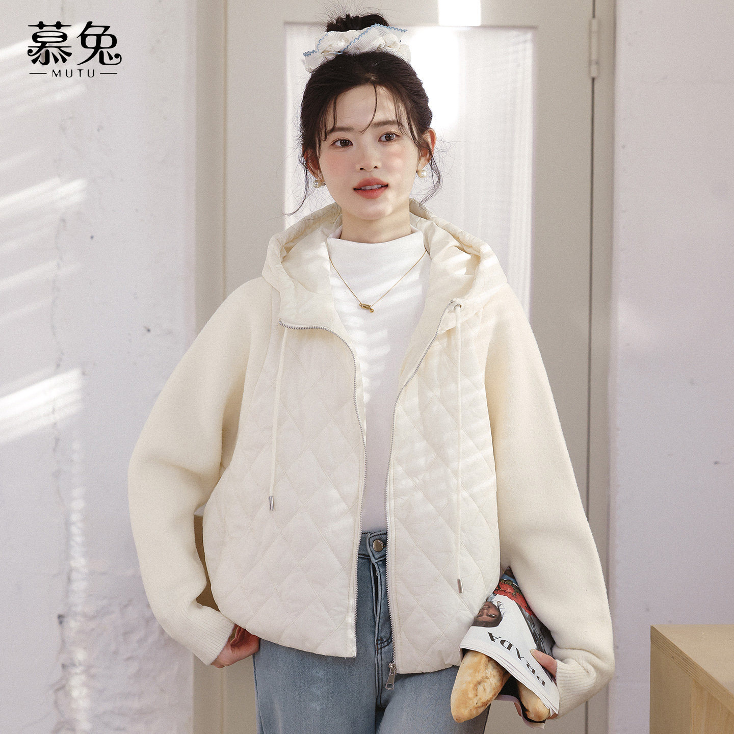 慕兔韩系针织拼接连帽棉衣外套