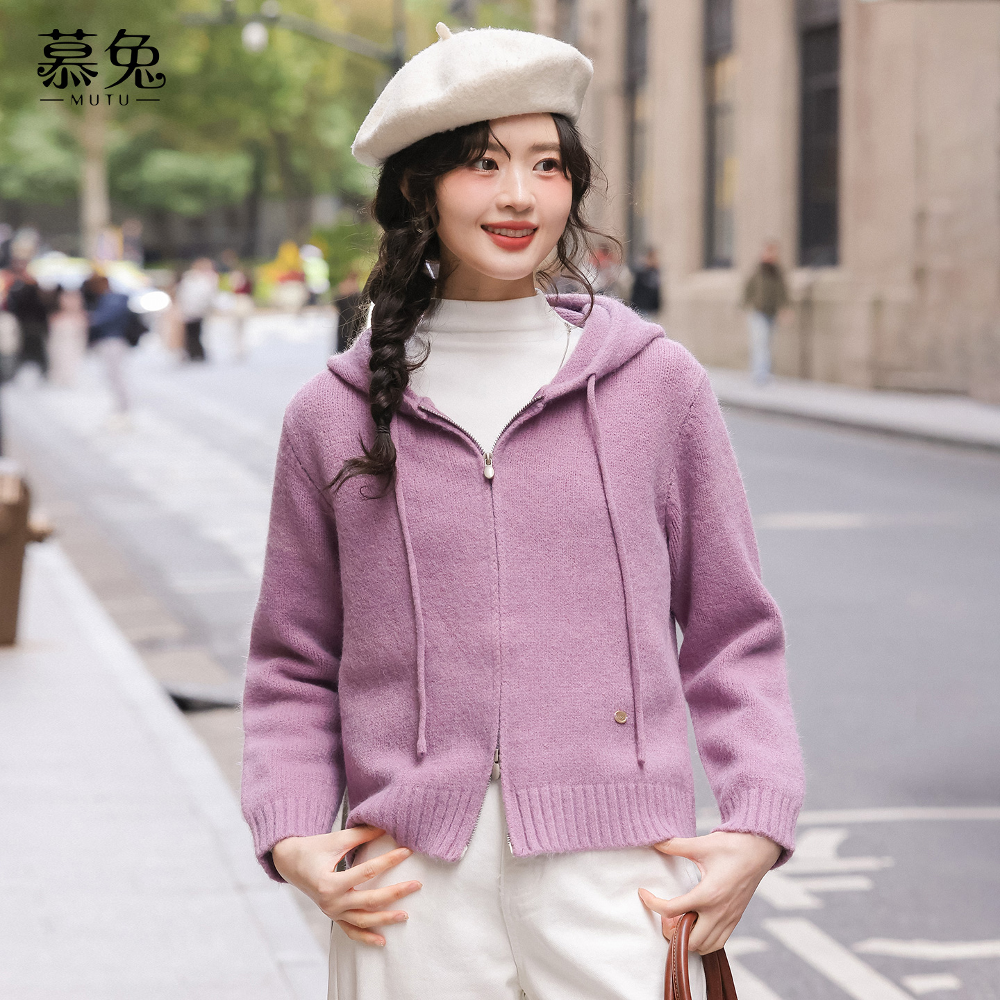 慕兔韩系连帽双拉链毛衣外套