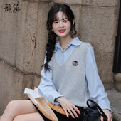 针织马甲背心蓝色衬衫 慕兔学院风叠穿上衣套装 女2025冬新款 两件套