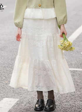 慕兔温柔风蕾丝半身裙女2025冬季新款法式高腰镂空中长款a字裙子