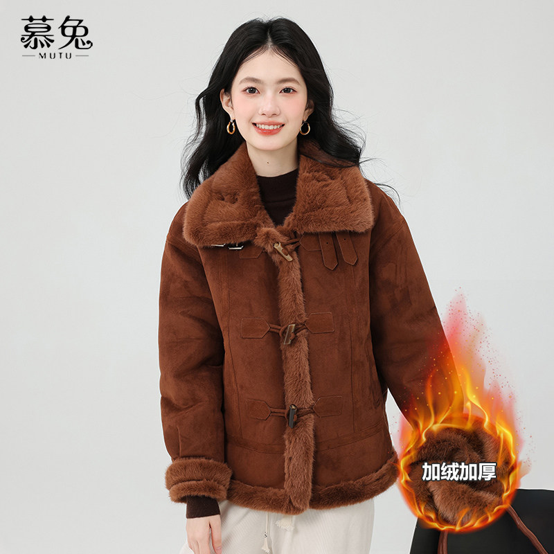 慕兔复古立领仿麂皮机车外套女2025冬季新款加绒加厚皮毛一体上衣,女装/女士精品,短外套,淘宝优惠券,粉丝福利购,淘宝优惠卷