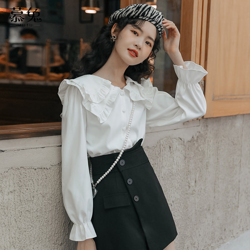 慕兔法式新款别致设计感白色衬衫