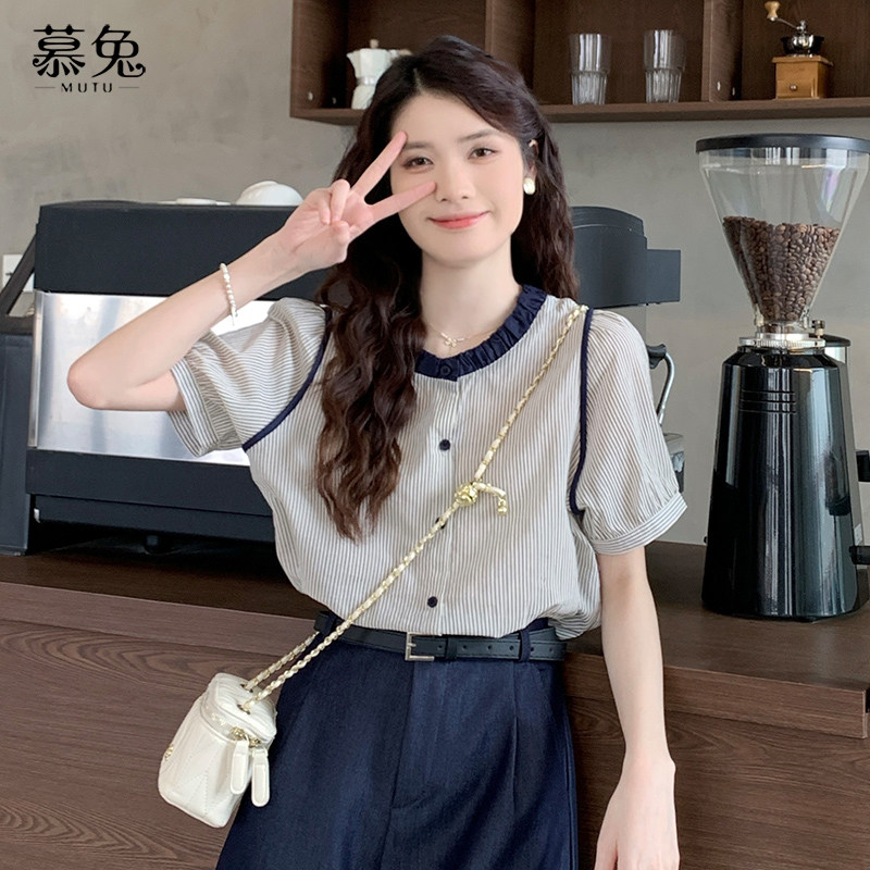 慕兔法式微透感条纹短袖衬衫女夏2025新款设计感小众宽松显瘦上衣,女装/女士精品,衬衫,淘宝优惠券,粉丝福利购,淘宝优惠卷