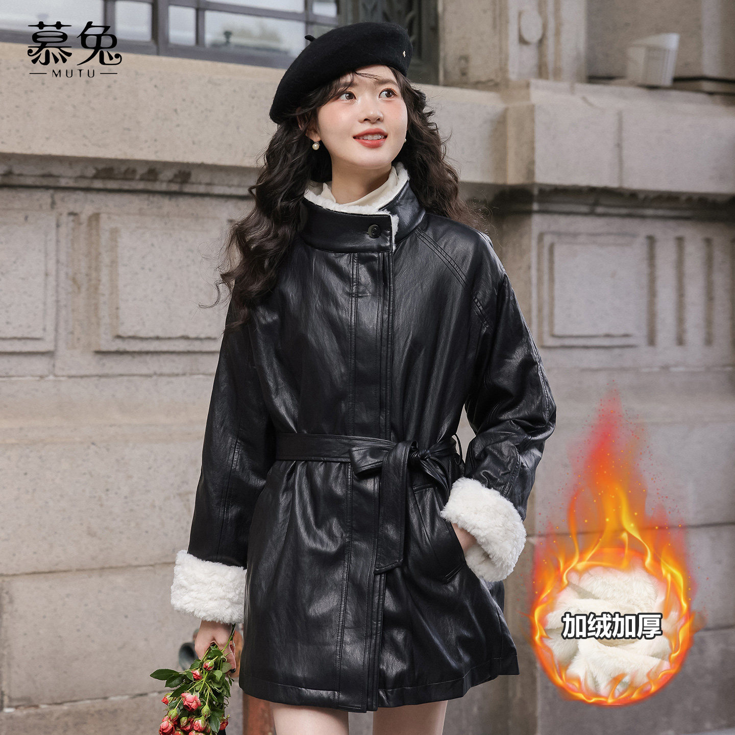 慕兔复古加绒加厚PU皮衣外套