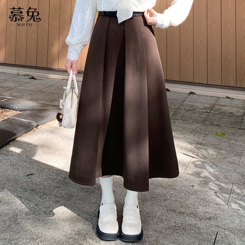 慕兔复古高腰中长款毛呢半身裙