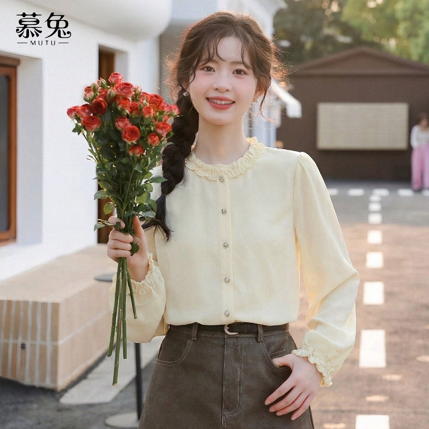 慕兔法式木耳边圆领长袖衬衫女2026春季新款小个子设计感小众上衣,女装/女士精品,衬衫,淘宝优惠券,粉丝福利购,淘宝优惠卷