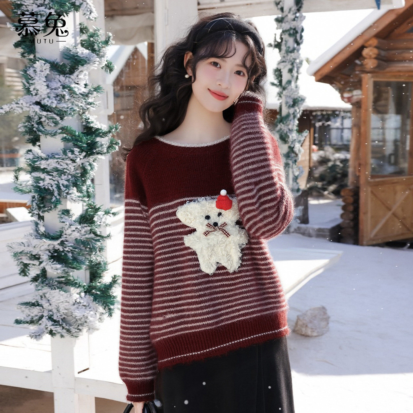 慕兔甜美毛绒小狗条纹毛衣女2025冬季新款配围巾宽松长袖针织上衣,女装/女士精品,毛衣,淘宝优惠券,粉丝福利购,淘宝优惠卷
