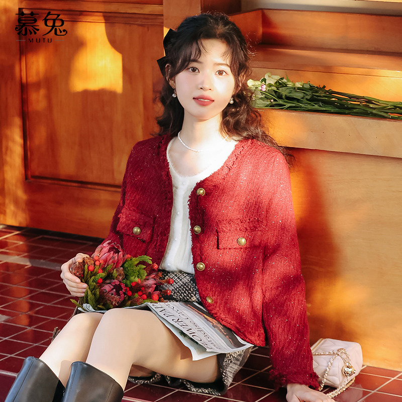 慕兔红色小香风圆领短外套女秋冬2025新款法式复古名媛粗花呢上衣,女装/女士精品,短外套,淘宝优惠券,粉丝福利购,淘宝优惠卷