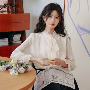 女秋2025新款 衬衫 设计感小众雪纺上衣 气质立领蝴蝶结长袖 慕兔法式