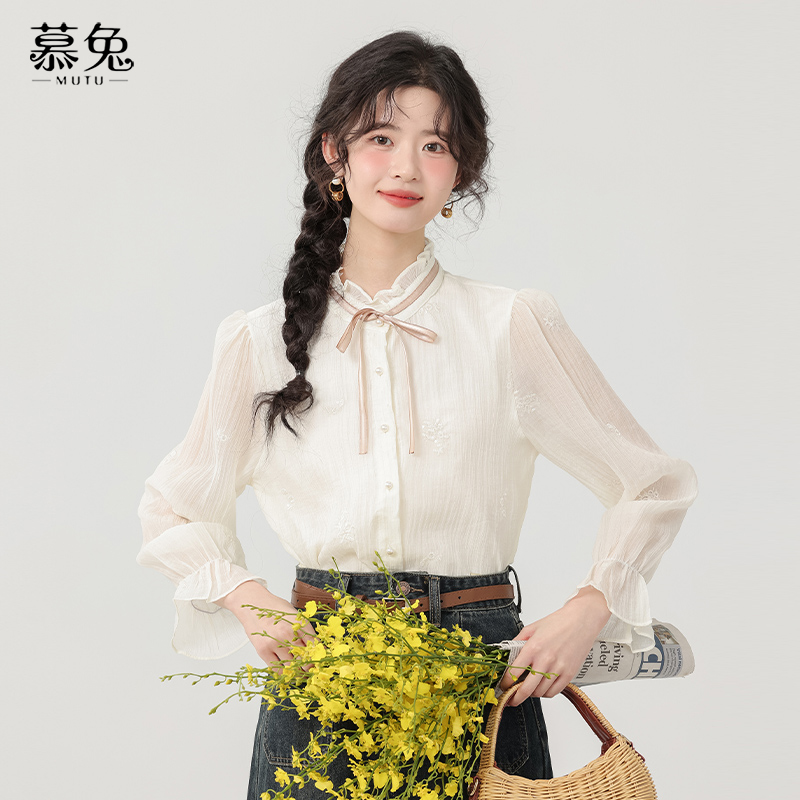 慕兔法式蝴蝶结系带长袖雪纺衬衫