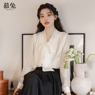 设计感小众雪纺上衣 上衣女秋2025新款 慕兔复古法式 蝴蝶结系带长袖