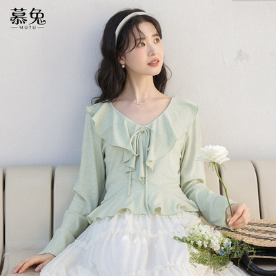 慕兔法式小个子V领长袖t恤