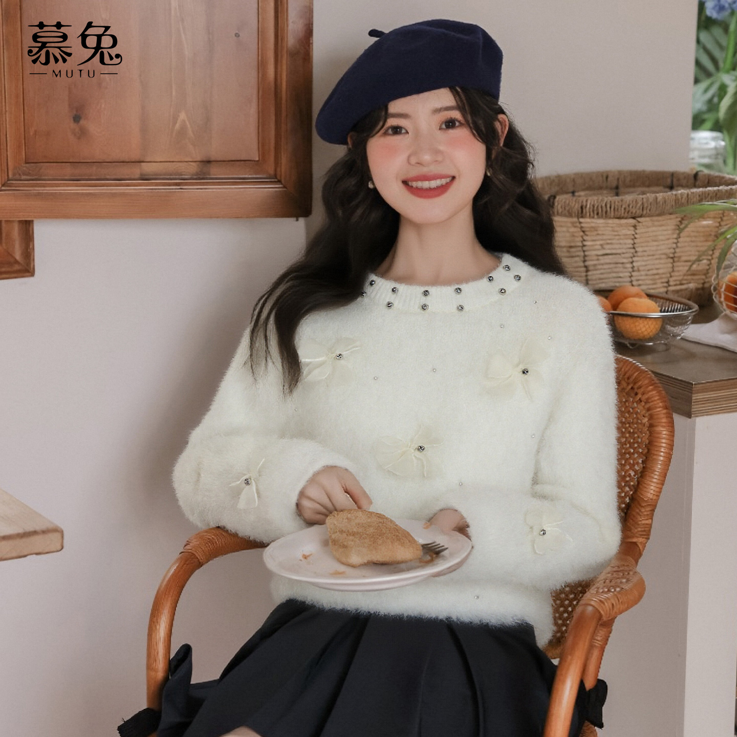 慕兔法式温柔风蝴蝶结仿水貂毛衣