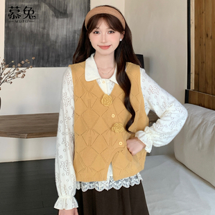坎肩上衣 小个子宽松无袖 慕兔复古绿色针织马甲背心女2025秋季 新款