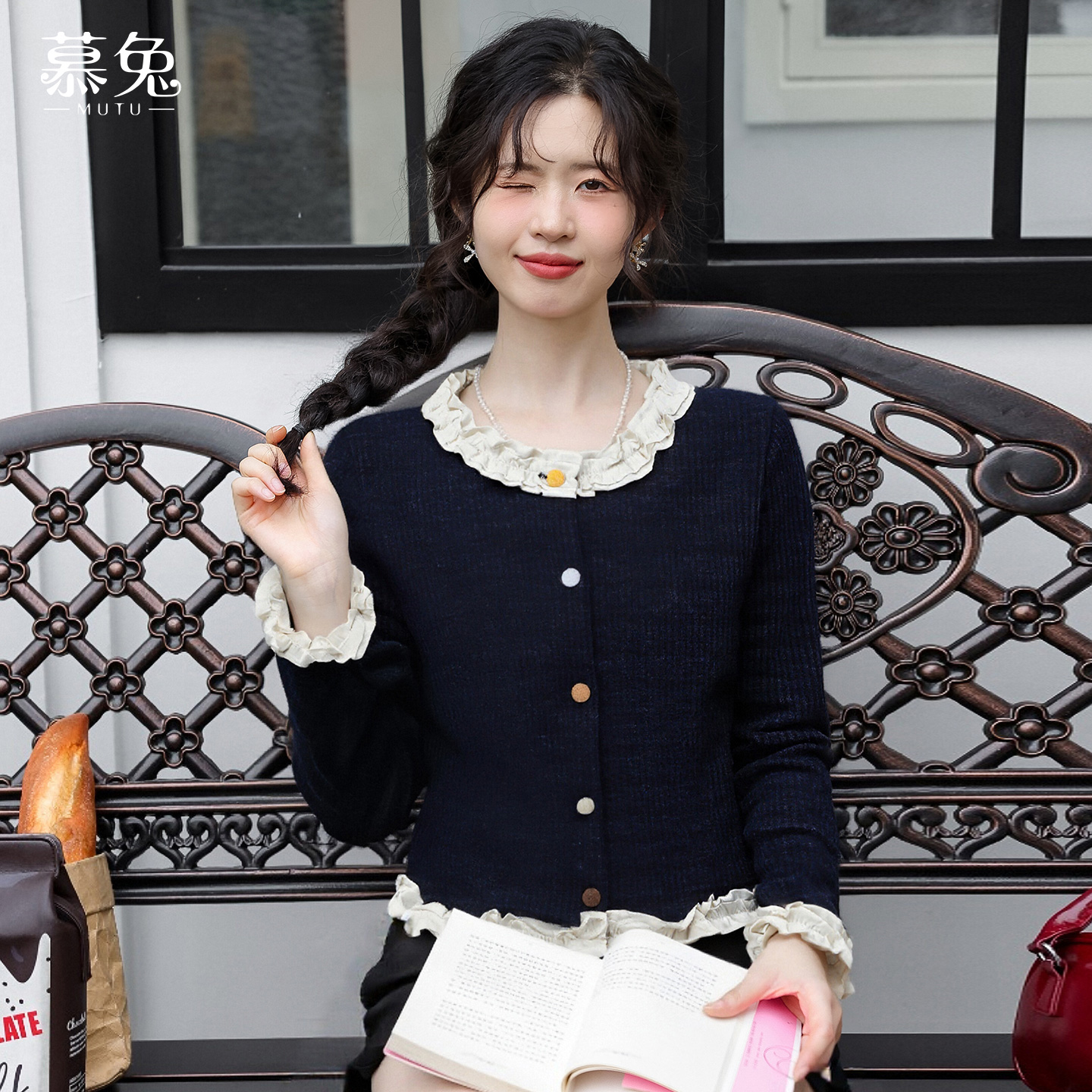 慕兔法式花边拼接长袖衬衫