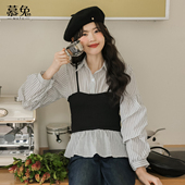新款 慕兔条纹收腰显瘦假两件衬衫 女2026春季 设计感小众甜辣风上衣
