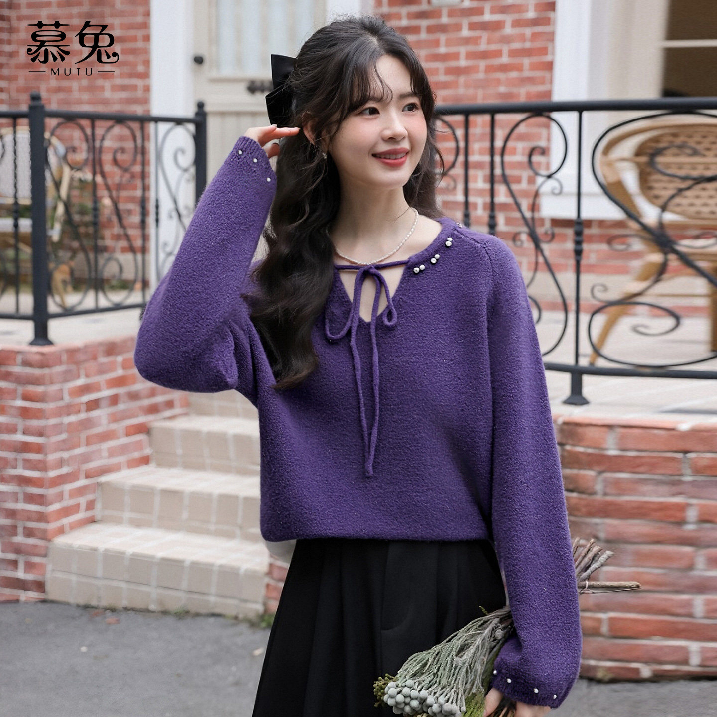 慕兔温柔风钉珠紫色针织毛衣女2025冬季新款气质别致宽松长袖上衣,女装/女士精品,毛衣,淘宝优惠券,粉丝福利购,淘宝优惠卷