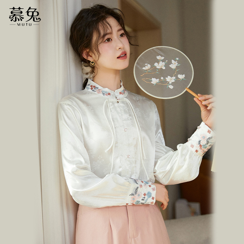 慕兔新中式国风长袖刺绣衬衫