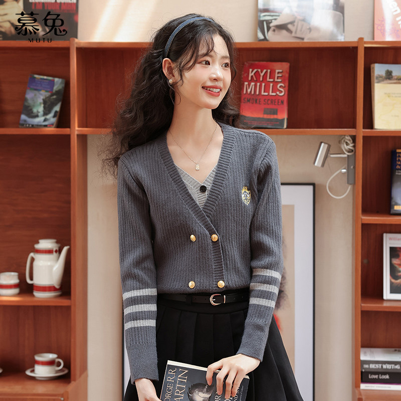 慕兔韩系学院风针织衫毛衣女2026春季新款气质假两件撞色长袖上衣,女装/女士精品,毛针织衫,淘宝优惠券,粉丝福利购,淘宝优惠卷